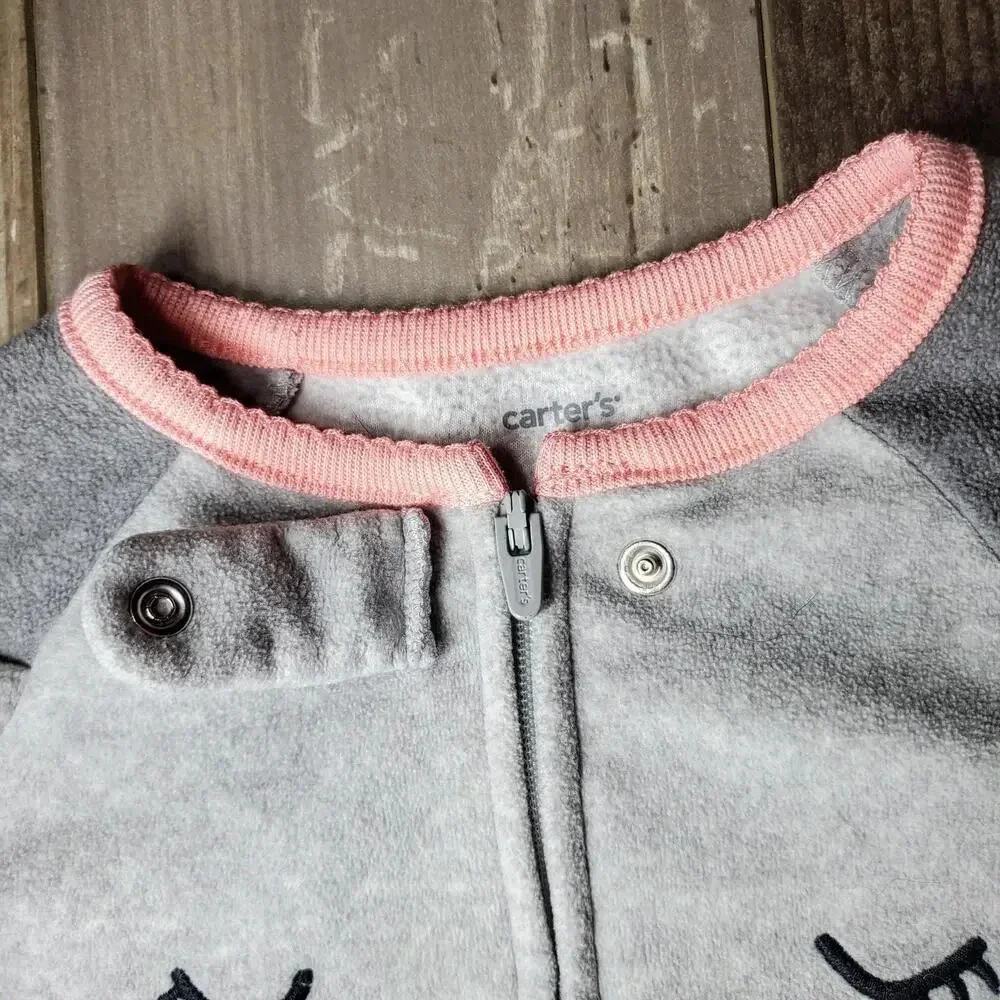 Carter's Toddler Girl Size 2T Gray and Pink Footed Fleece Sleeper Cat Face NWOT